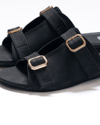 stride-buckle-dusty-black-flat-sandals-urban-commute